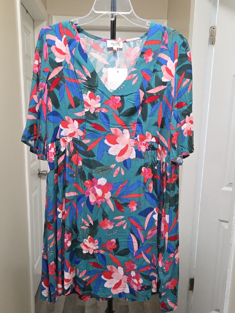 NWT Grace & Mila Teal Floral V-Neck Shift Dress Oversized Boho Cottagecore Flowy - Picture 5 of 12
